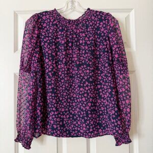 LOFT Pink and Navy Heart Long Sleeved Blouse Size Small Petite